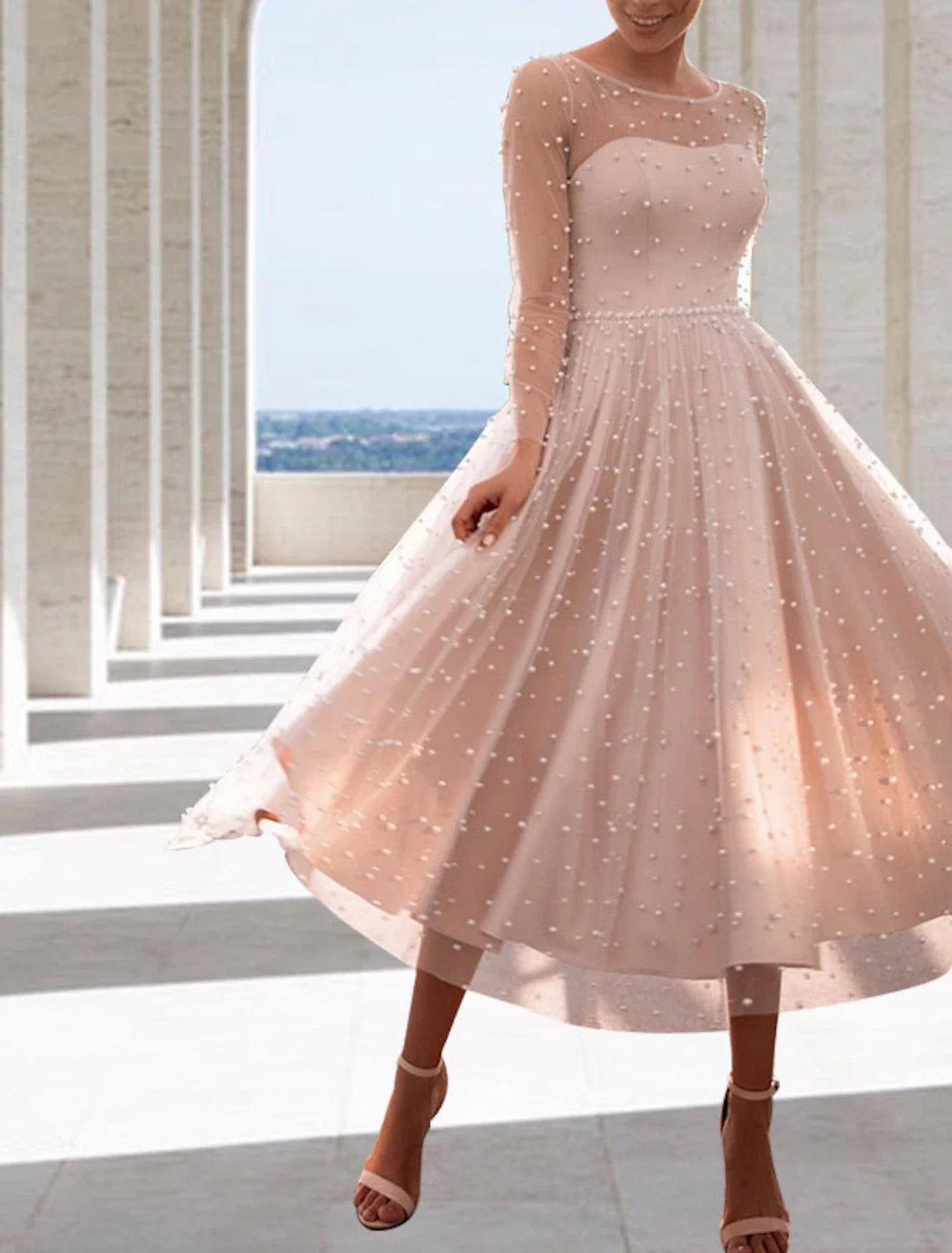 White A-Line Illusion Satin Long Sleeve Tea-Length Wedding Gown - Chloe Dress