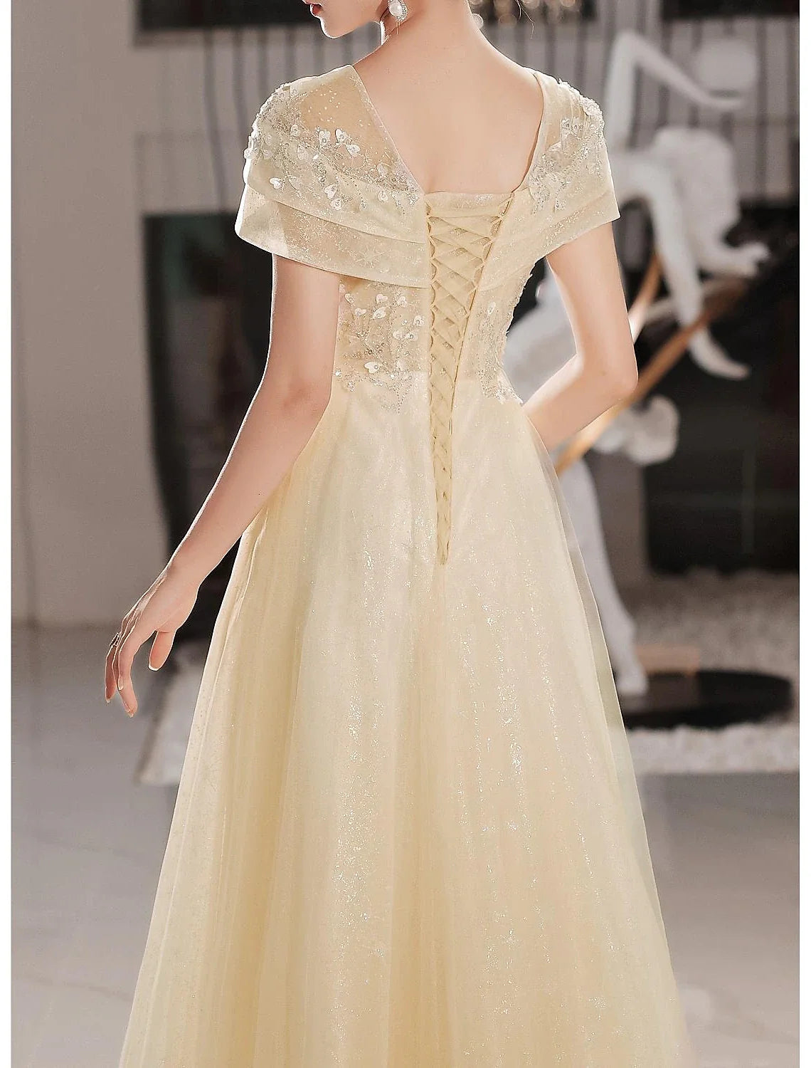 A-Line Lace Short Sleeve Applique Floor-Length Evening Dress - Chloe Dress