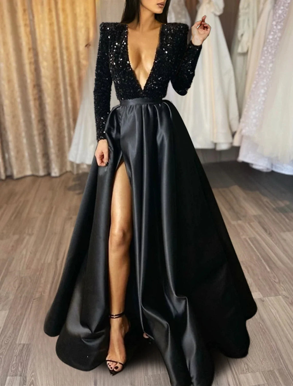 Black A-Line V-Neck Satin High Slit Evening Gown - Chloe Dress