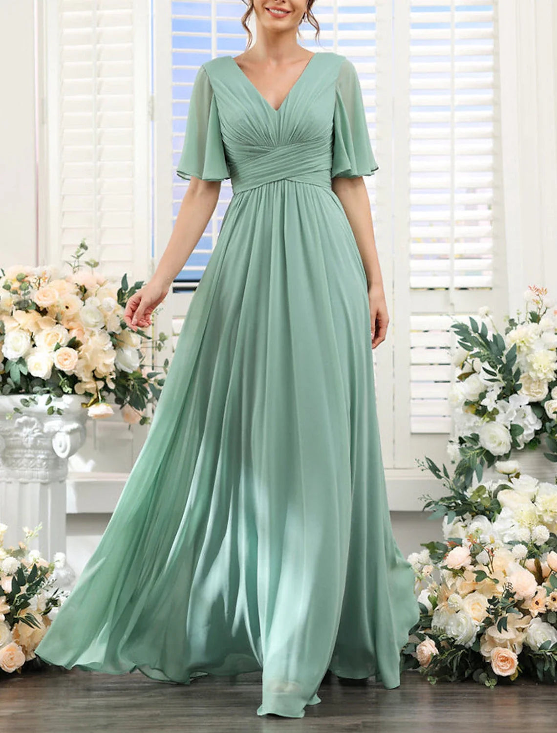 A-Line V-Neck Chiffon Short Sleeve Floor-Length Wedding Dress - Chloe Dress
