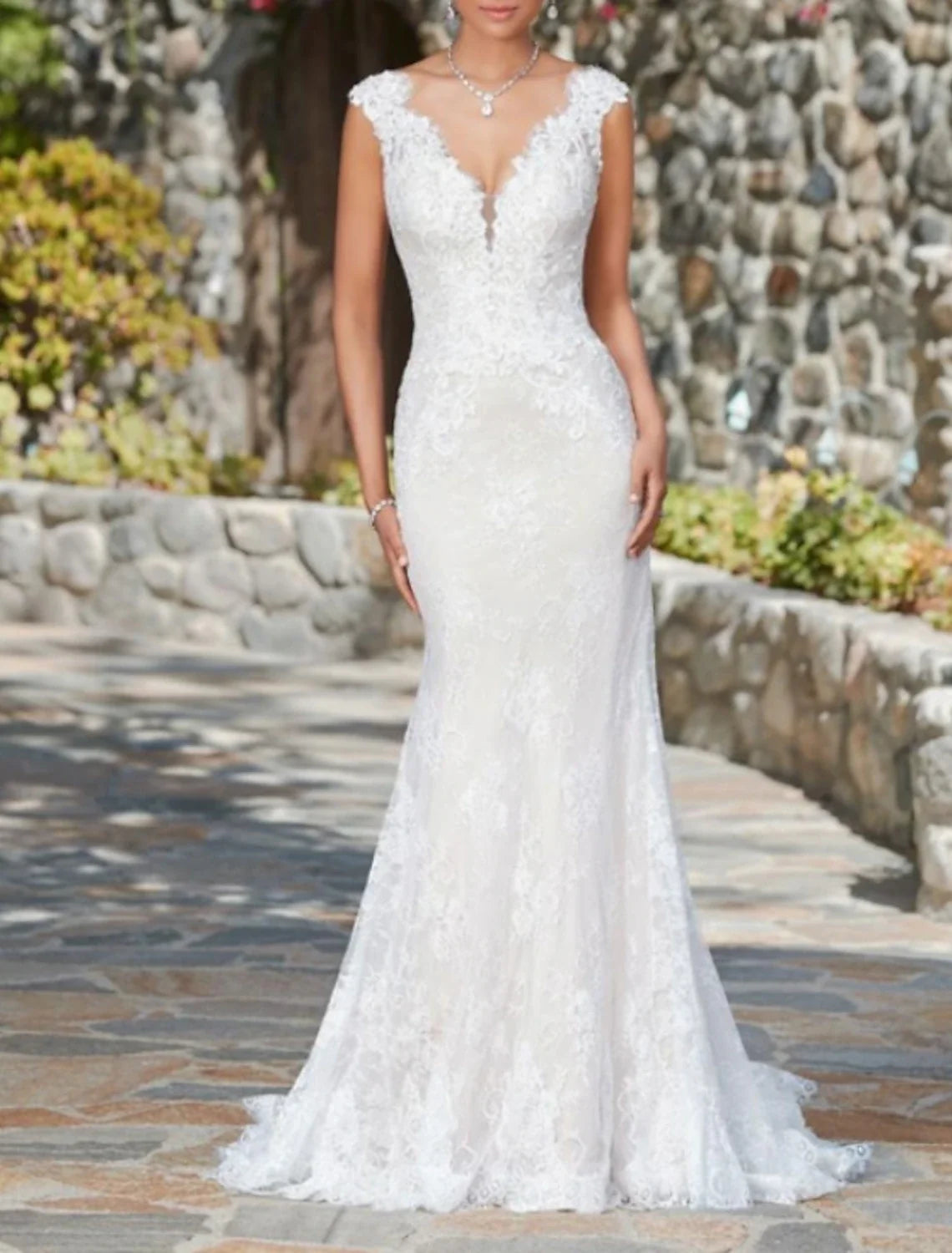 Mermaid V-Neck Lace Cap Sleeve Train Wedding Gown - Chloe Dress