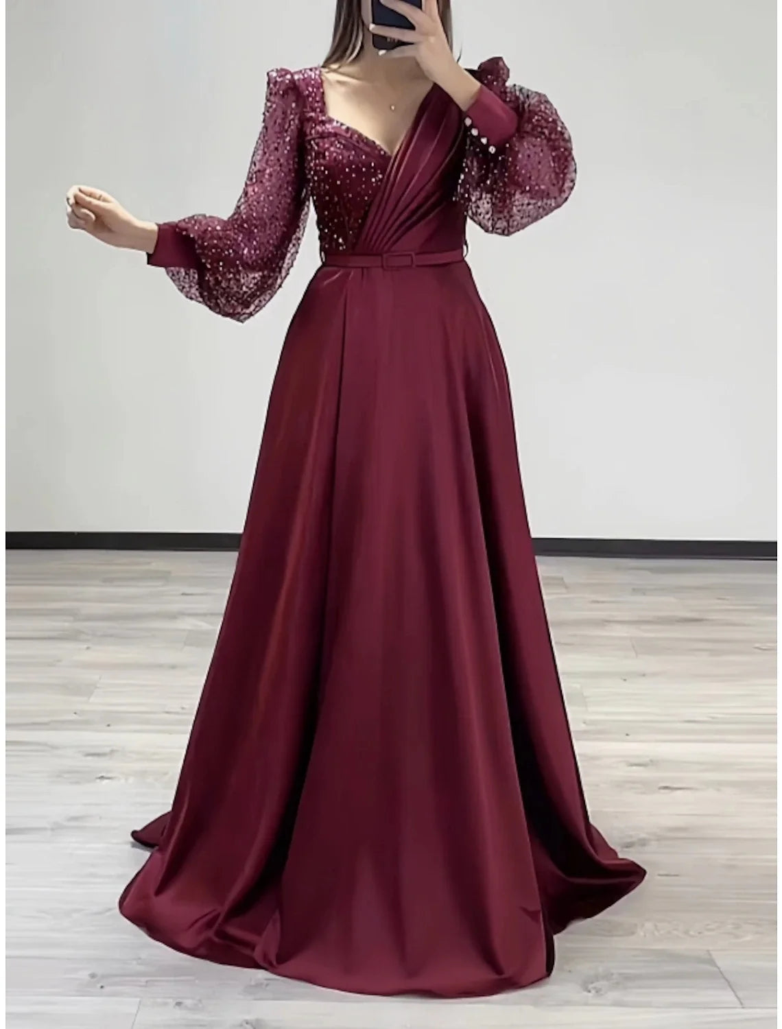 Black A-Line V-Neck Satin Long Sleeve Pleated Evening Gown - Chloe Dress
