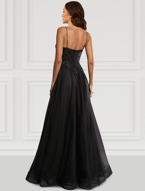 Black A-Line Spaghetti Strap Tulle Sleeveless High Slit Floor-Length Prom Dress - Chloe Dress