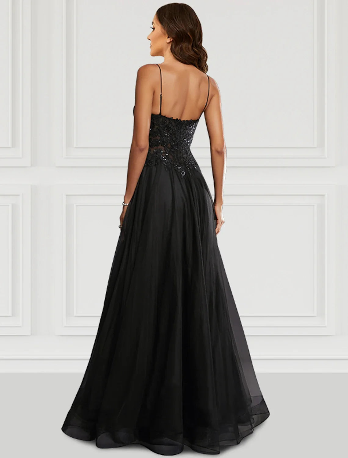 Black A-Line Spaghetti Strap Tulle Sleeveless High Slit Floor-Length Prom Dress - Chloe Dress