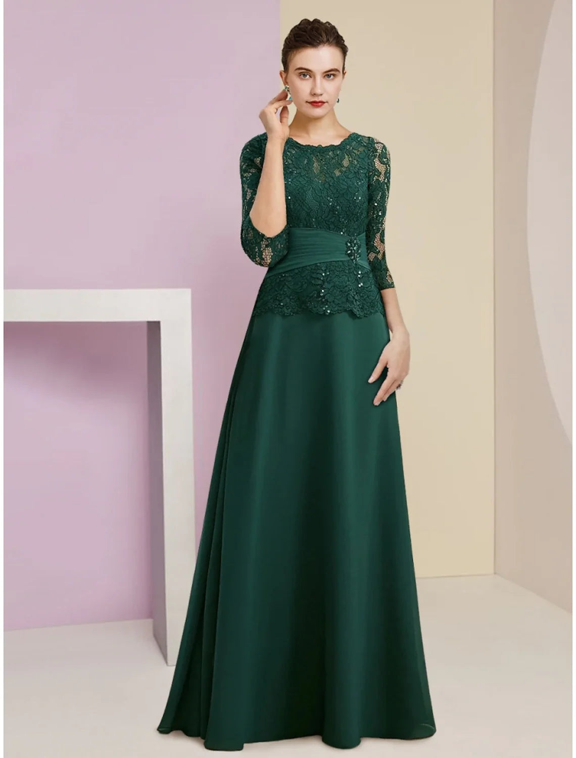 A-Line Chiffon Three-Quarter Sleeve Floor-Length Wedding Dress - Chloe Dress