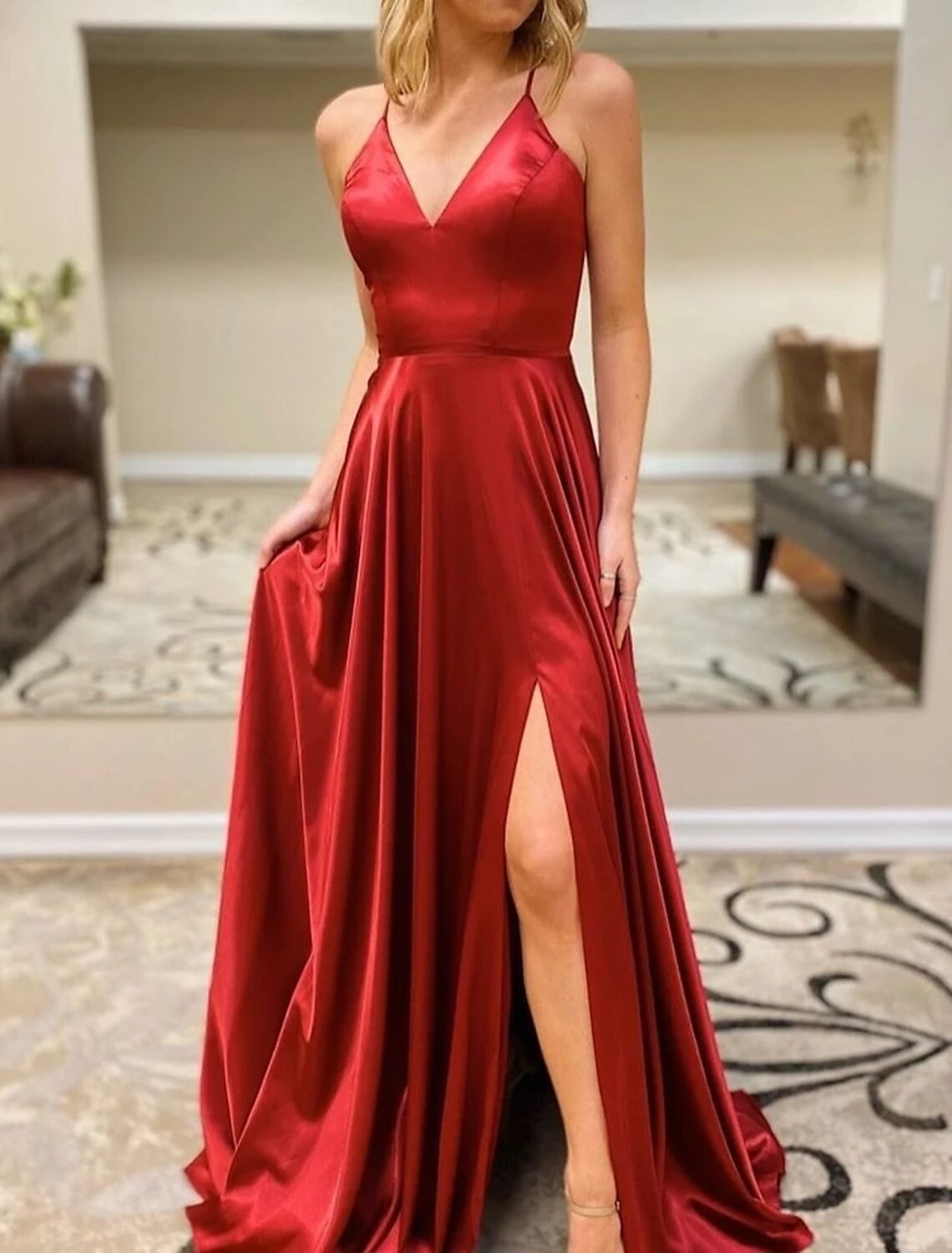 A-Line V-Neck Silk Sleeveless Backless High Slit Prom Dress - Chloe Dress