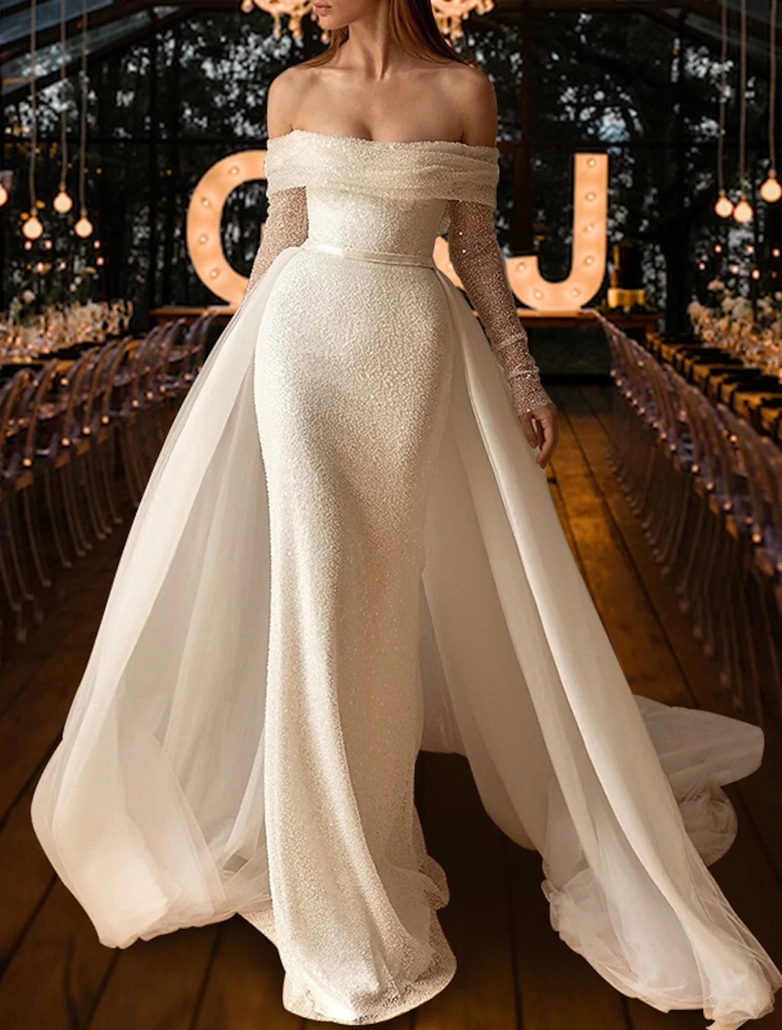 Mermaid Off-Shoulder Sequin Long Sleeve Train Wedding Gown - Chloe Dress