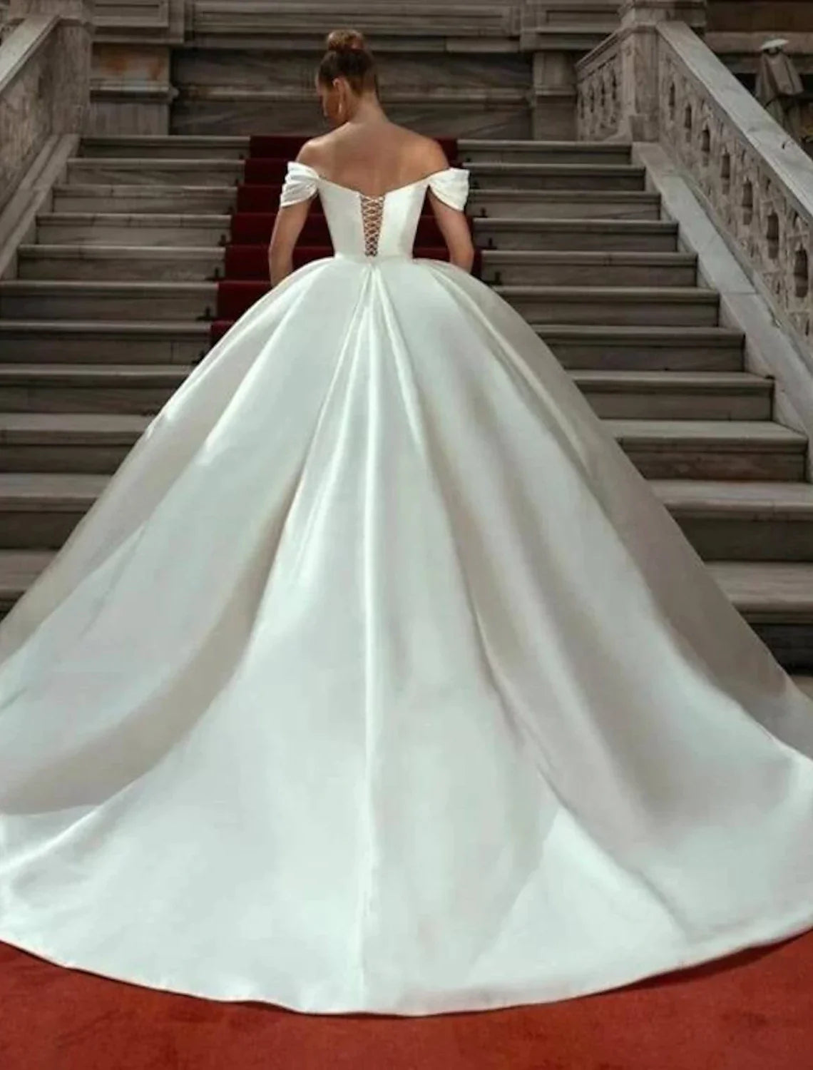 Ball Gown Off-Shoulder Satin Cap Sleeve Train Wedding Gown - Chloe Dress