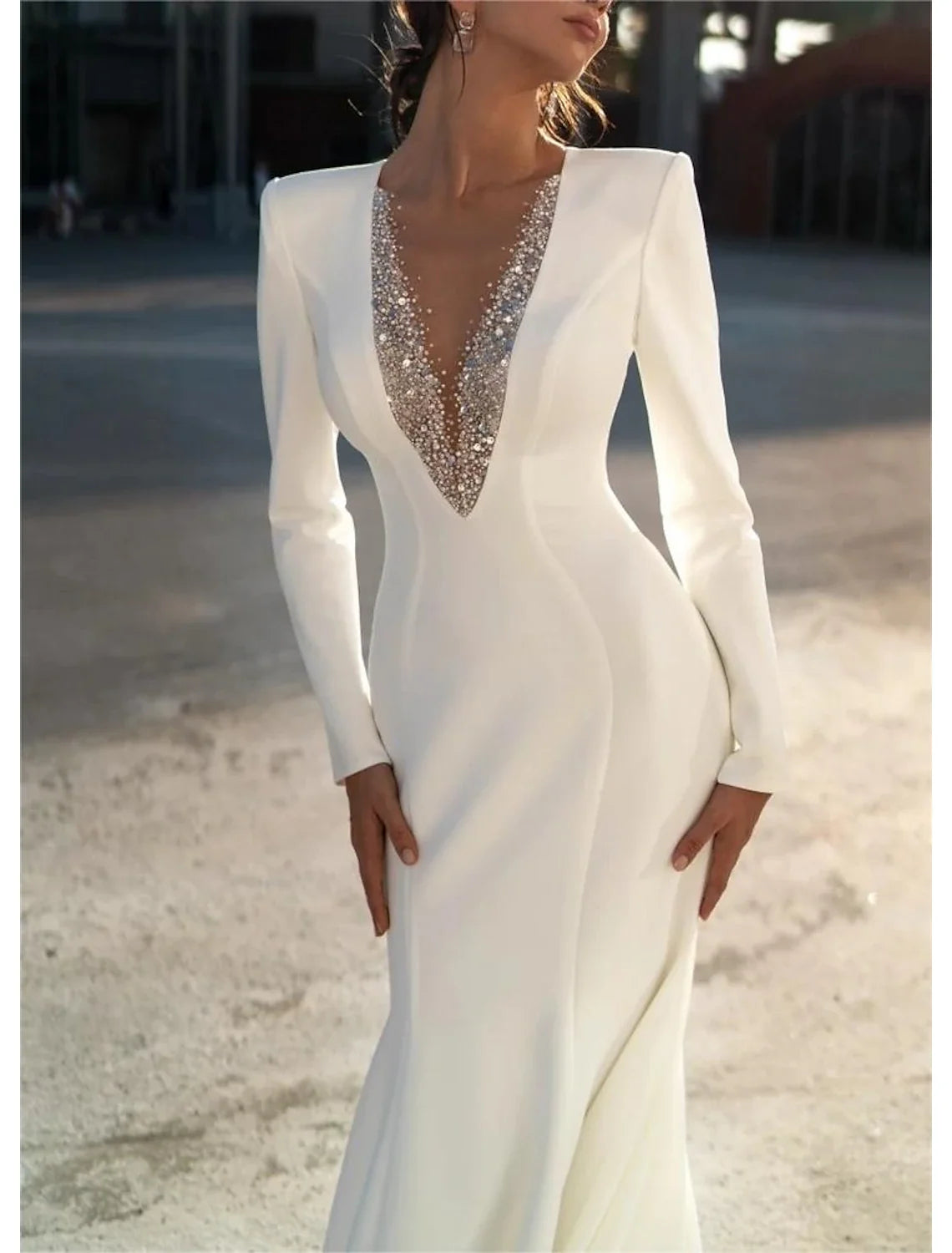 Mermaid V-Neck Chiffon Long Sleeve Train Wedding Gown - Chloe Dress