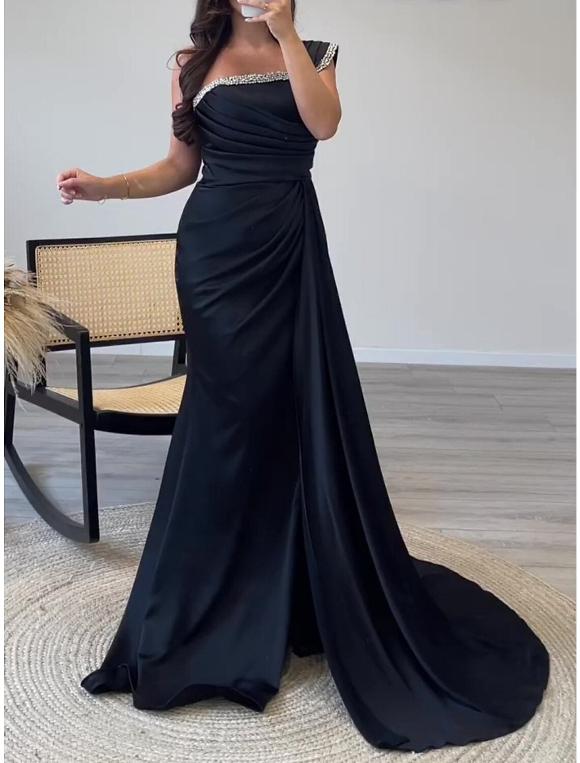 Black Sheath One-Shoulder Satin Sleeveless Pleated Evening Gown - Chloe Dress