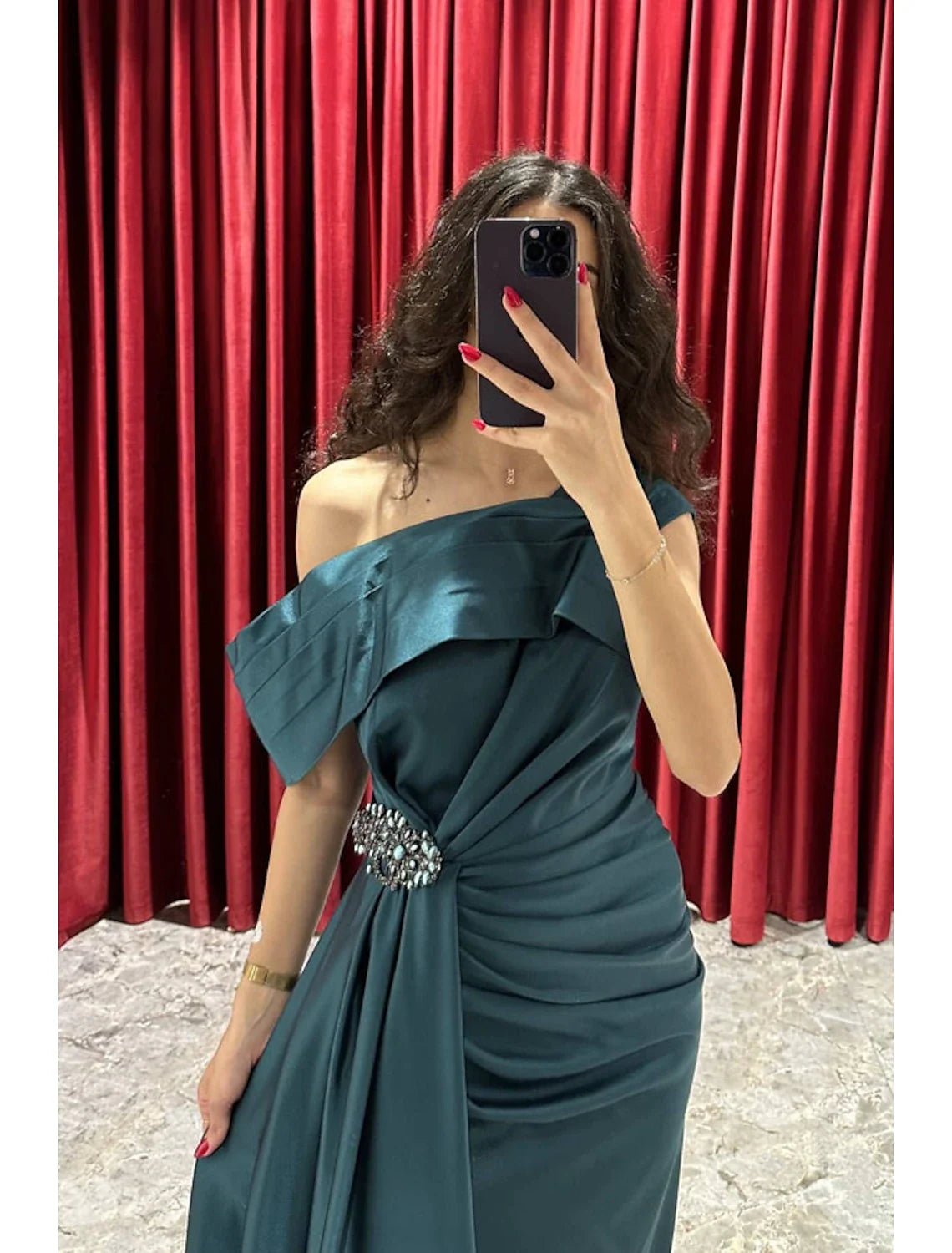 A-Line One-Shoulder Satin Short Sleeve High Slit Mini Evening Gown - Chloe Dress