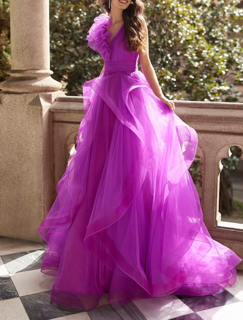 A-Line V-Neck Chiffon Sleeveless Ruffled Evening Gown - Chloe Dress