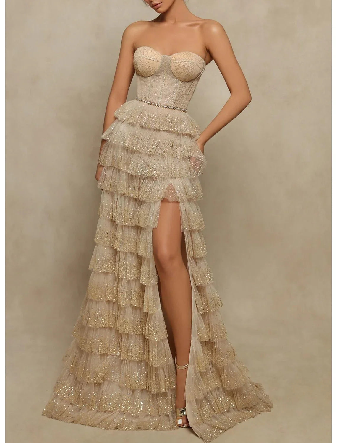 A-Line Strapless Tulle Sleeveless High Slit Floor-Length Prom Gown - Chloe Dress
