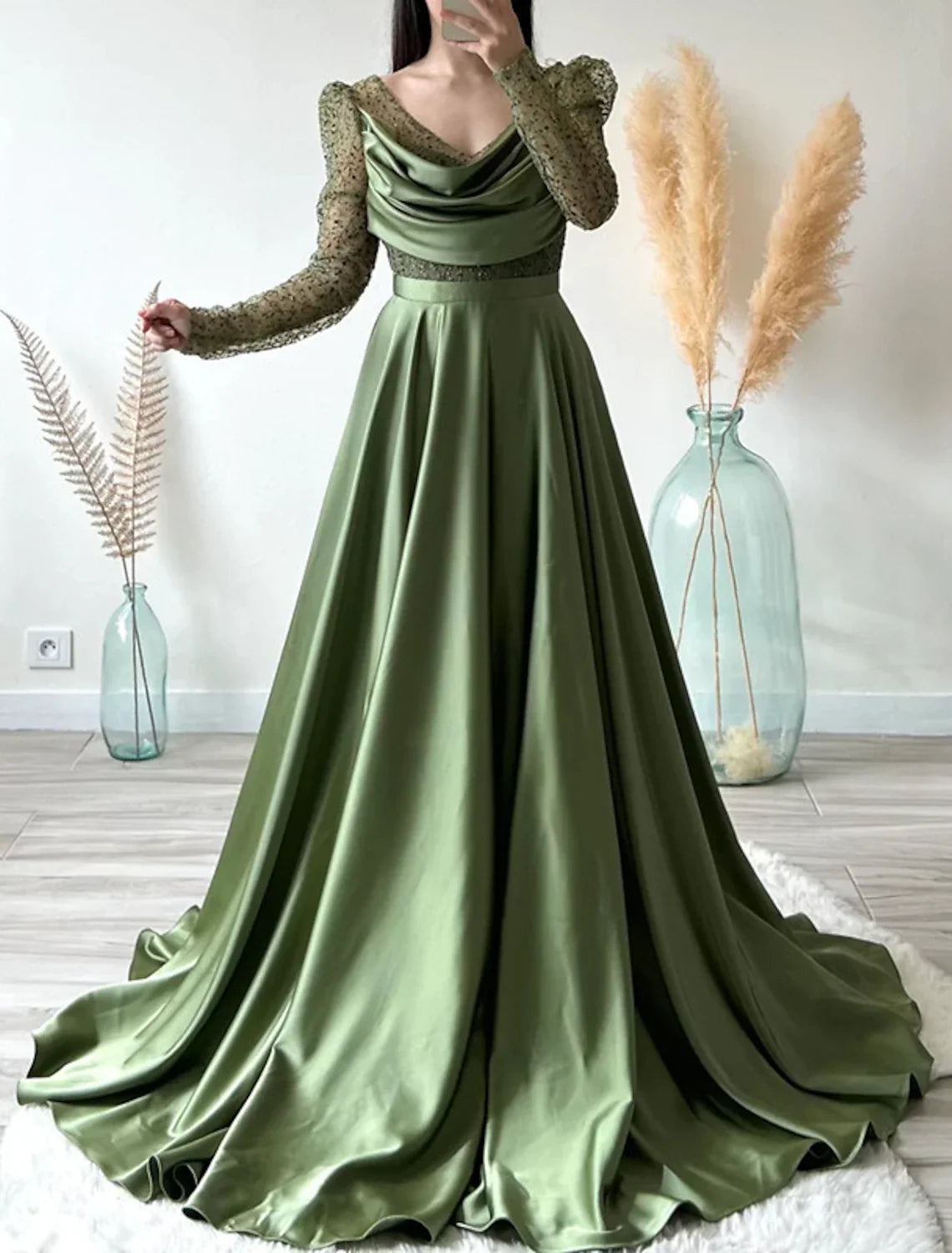 Green Ball Gown V-Neck Long Sleeve Train Evening Gown - Chloe Dress