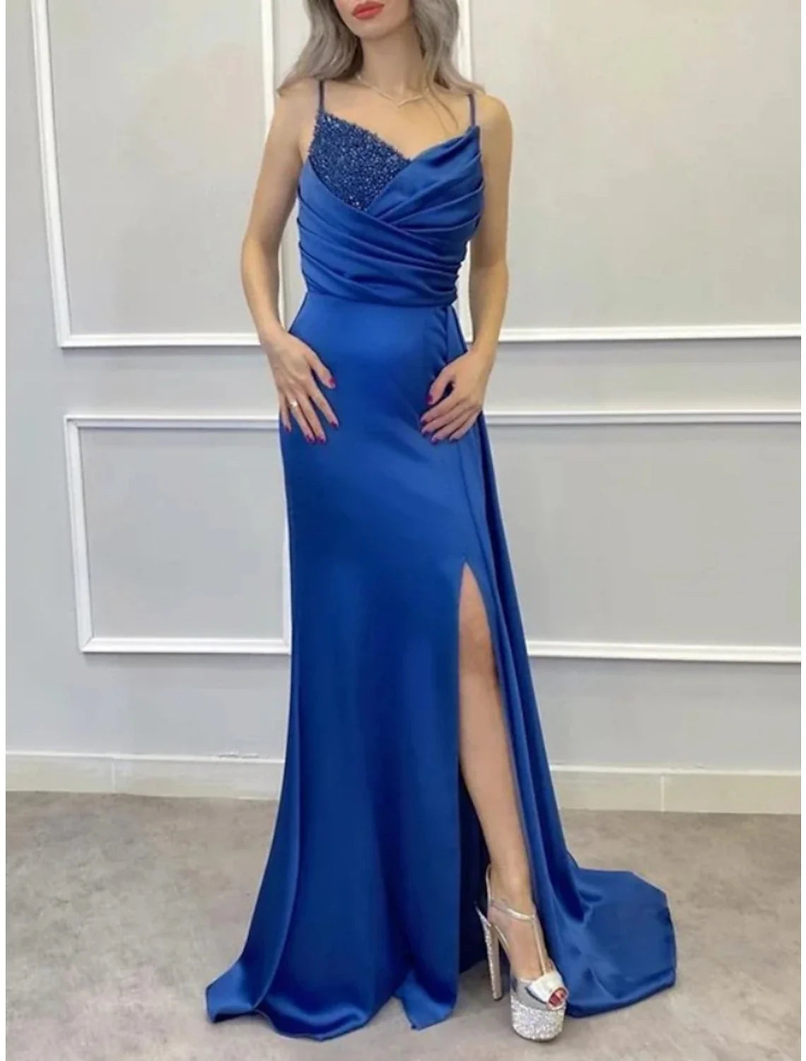 A-Line Spaghetti Strap Sequin Sleeveless Pleated Evening Gown - Chloe Dress
