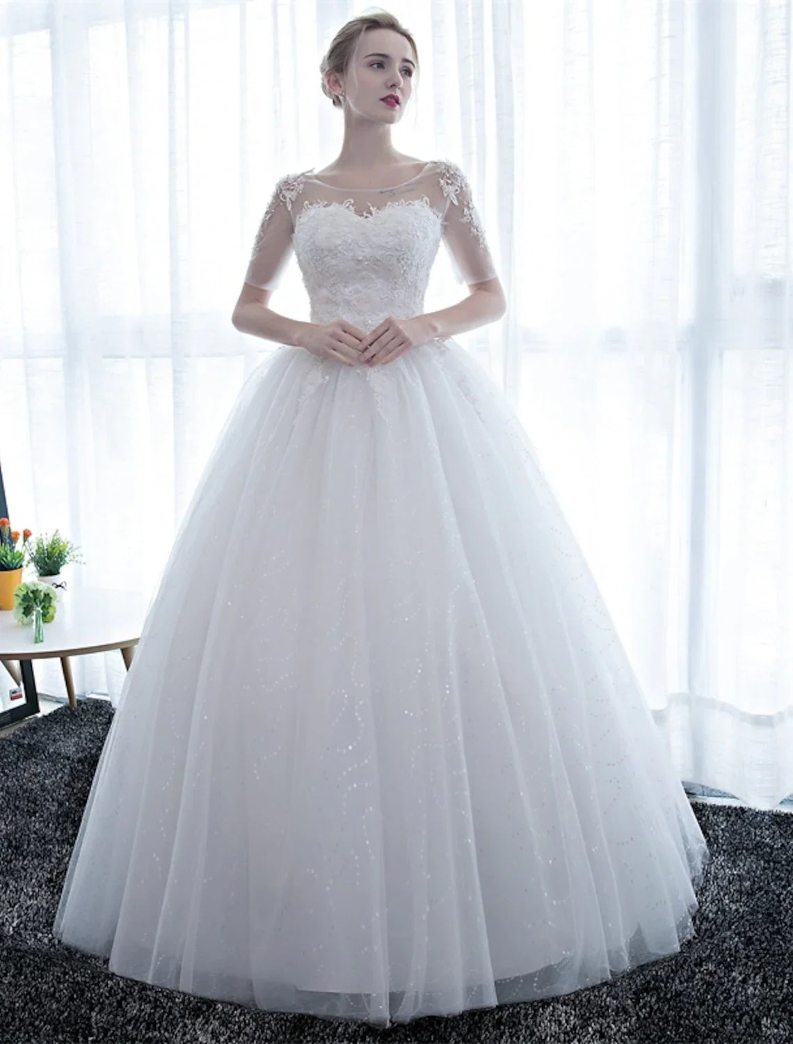 Ball Gown Illusion Satin Floor-Length Wedding Gown - Chloe Dress
