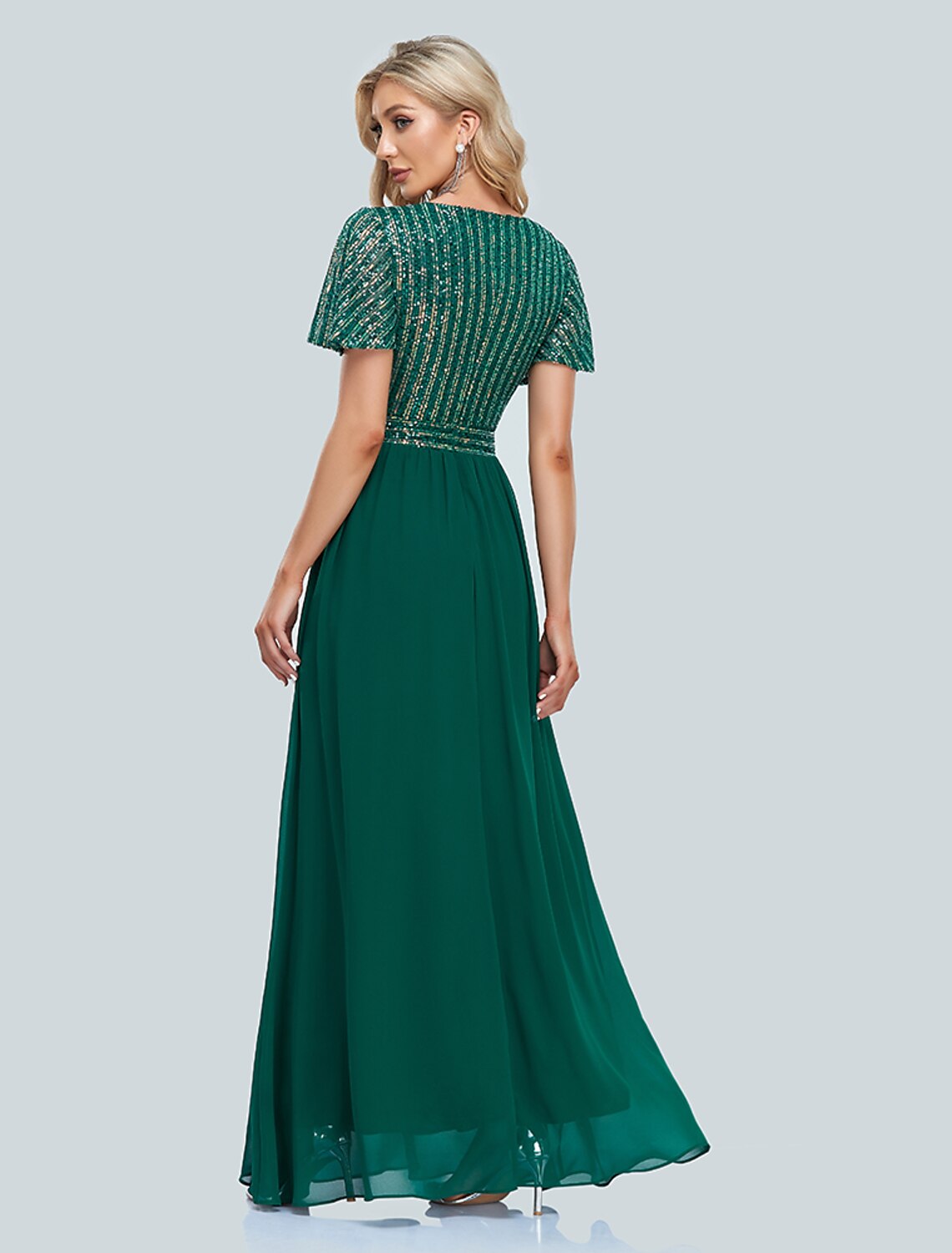 A-Line V-Neck Sequin Short Sleeve Floor-Length Evening Gown - Chloe Dress