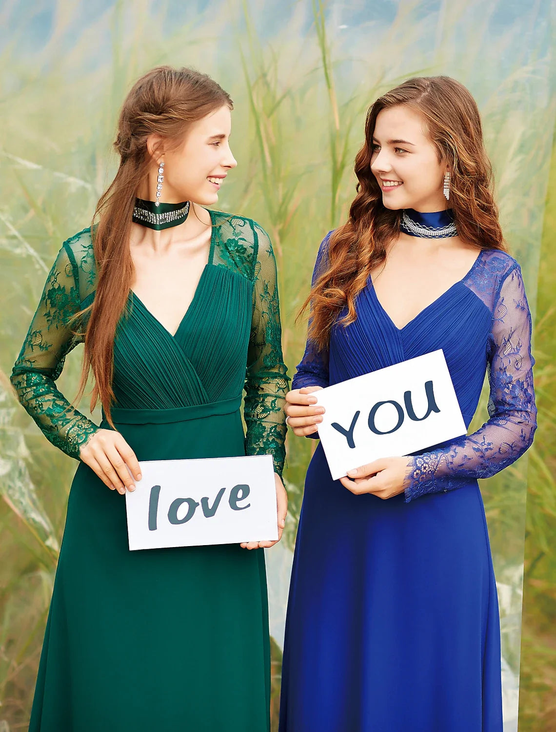 A-Line V-Neck Chiffon Long Sleeve Floor-Length Evening Gown - Chloe Dress