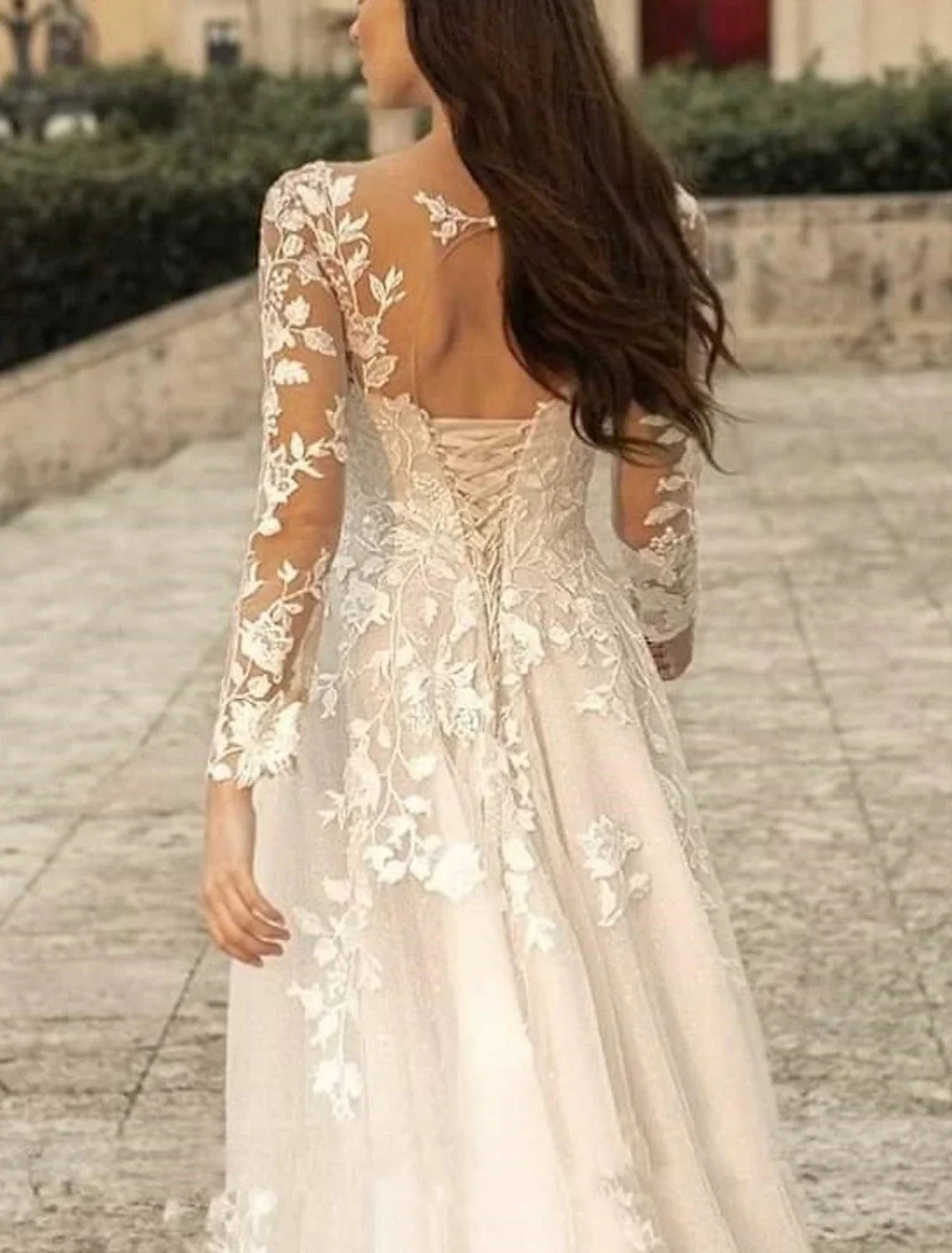 A-Line V-Neck Lace Long Sleeve Train Wedding Gown - Chloe Dress