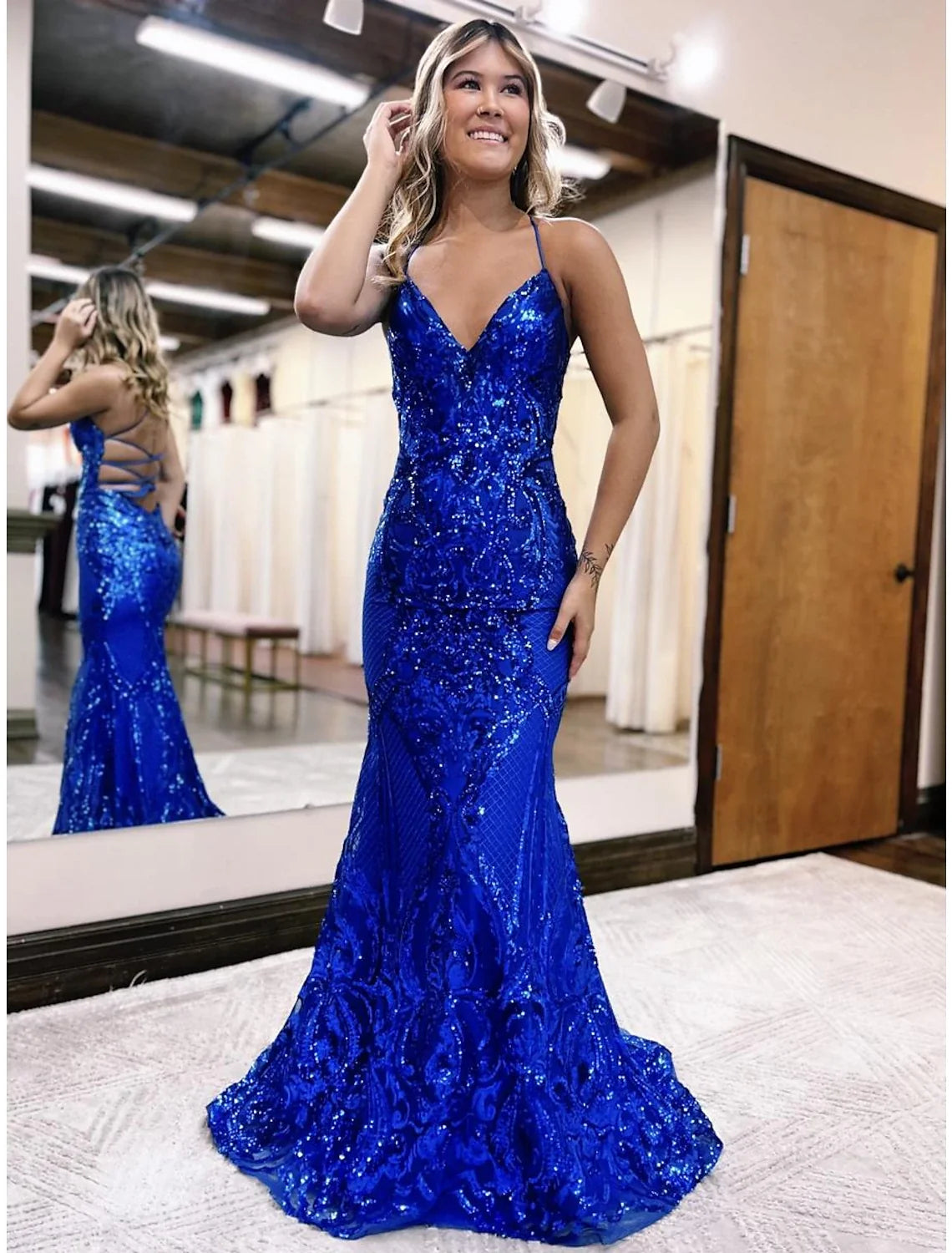 Mermaid V-Neck Sequin Sleeveless Backless Train Prom Dress - Chloe Dress