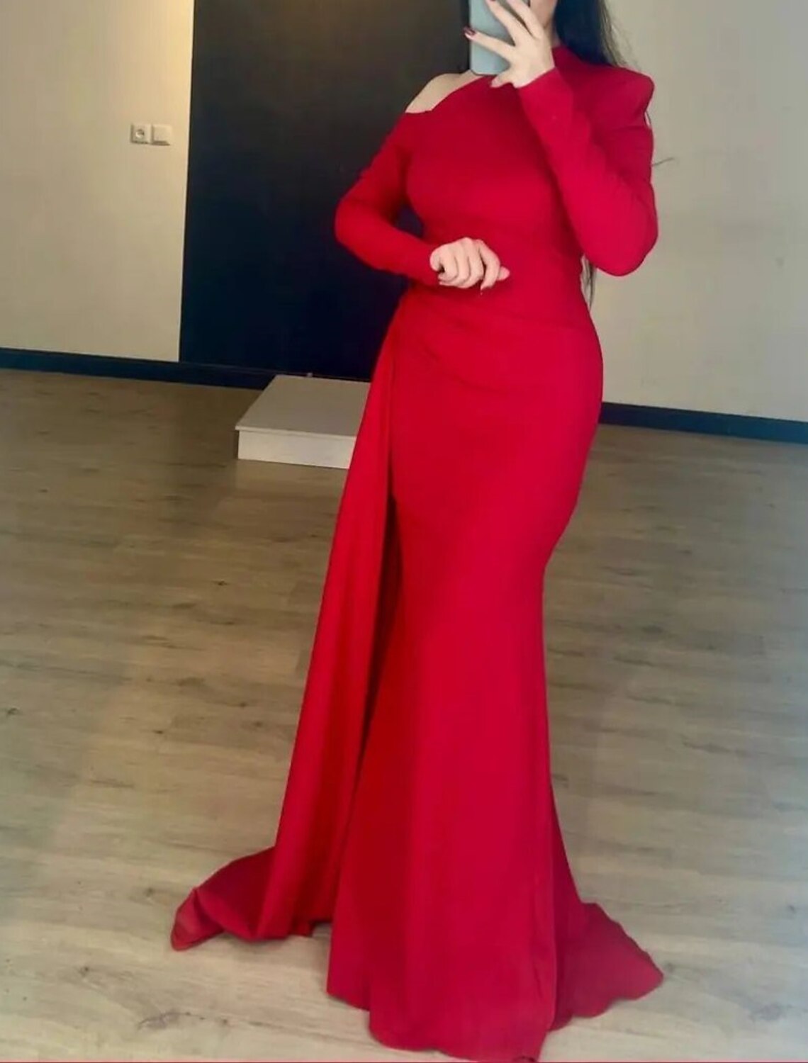 Mermaid One-Shoulder Satin Long Sleeve Train Evening Gown - Chloe Dress