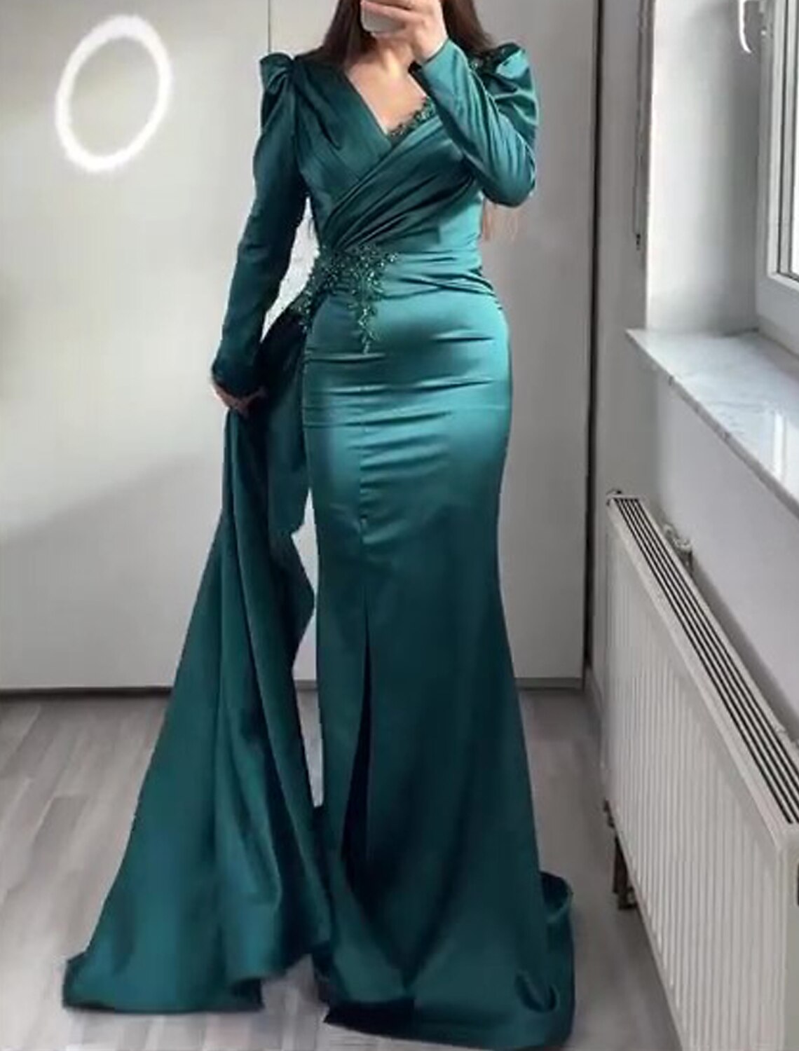Black Mermaid V-Neck Satin Short Sleeve Applique Floor-Length Evening Gown - Chloe Dress