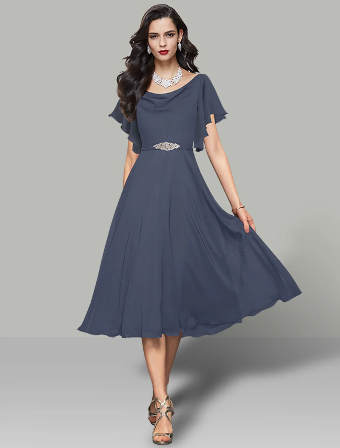 A-Line Cowl Neck Chiffon Short Sleeve Rhinestone Mini Wedding Dress - Chloe Dress