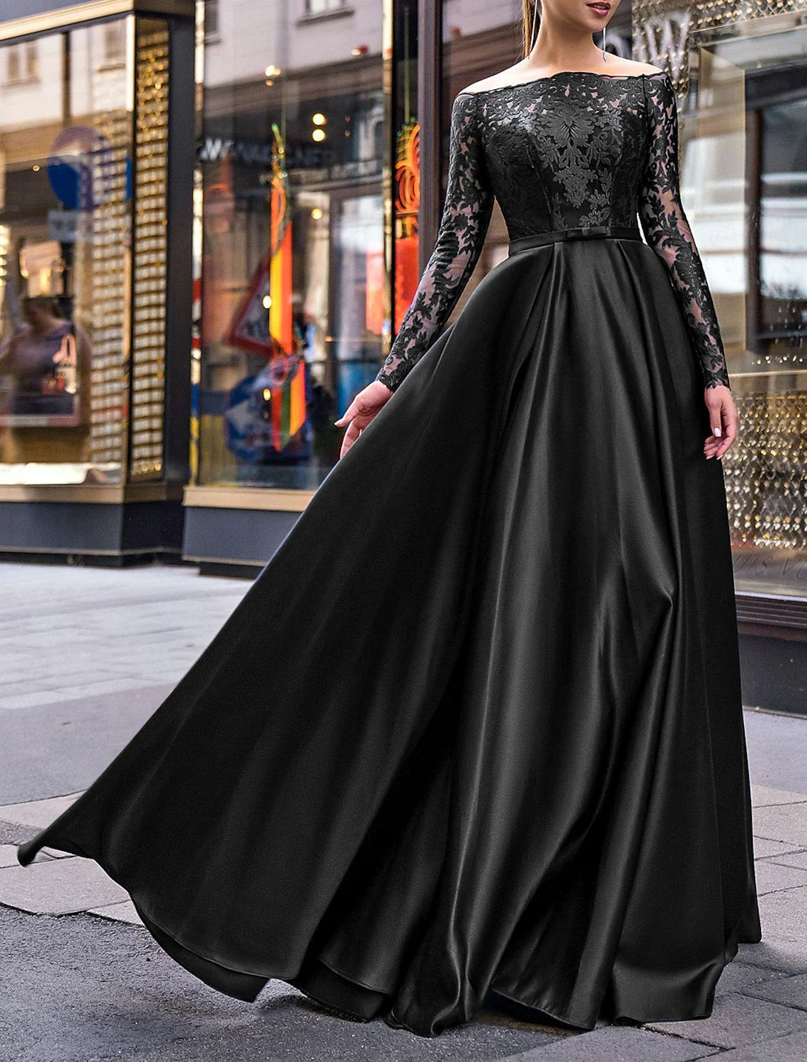 Green A-Line Off-Shoulder Satin Long Sleeve Applique Floor-Length Evening Gown - Chloe Dress