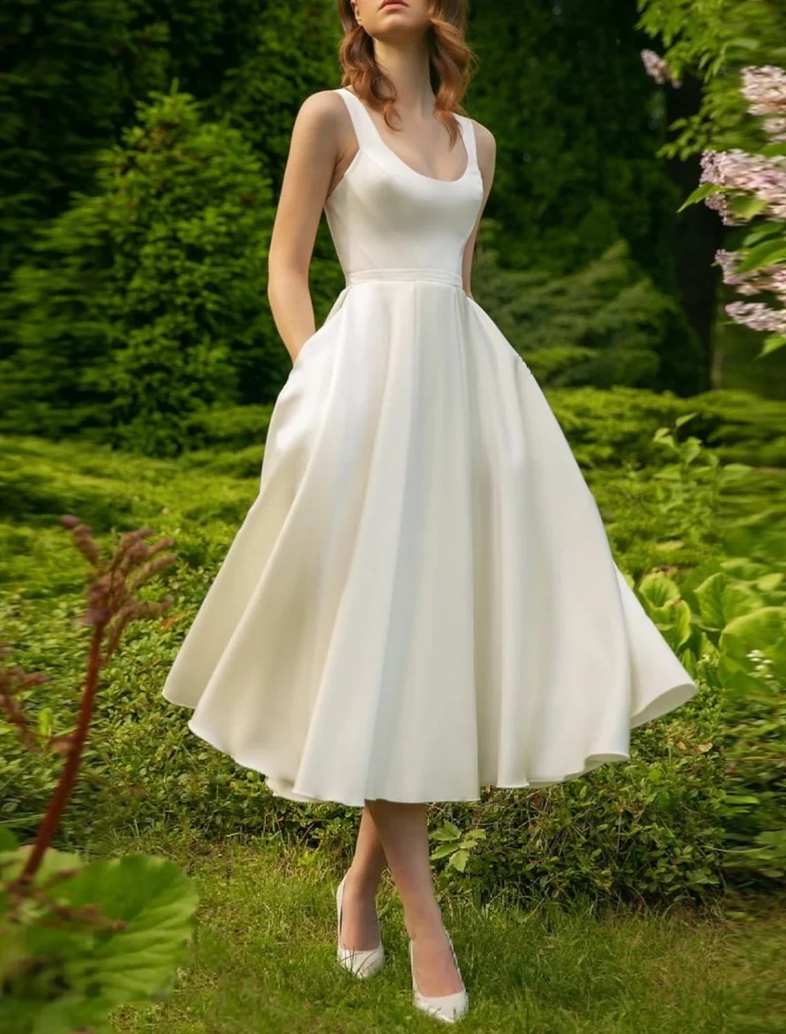 White A-Line Satin Sleeveless Pleated Tea-Length Wedding Gown - Chloe Dress