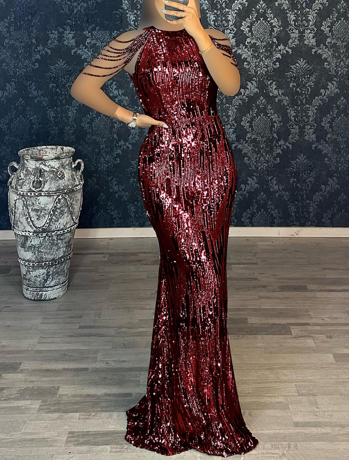 Black Mermaid Sequin Short Sleeve Floor-Length Evening Gown - Chloe Dress