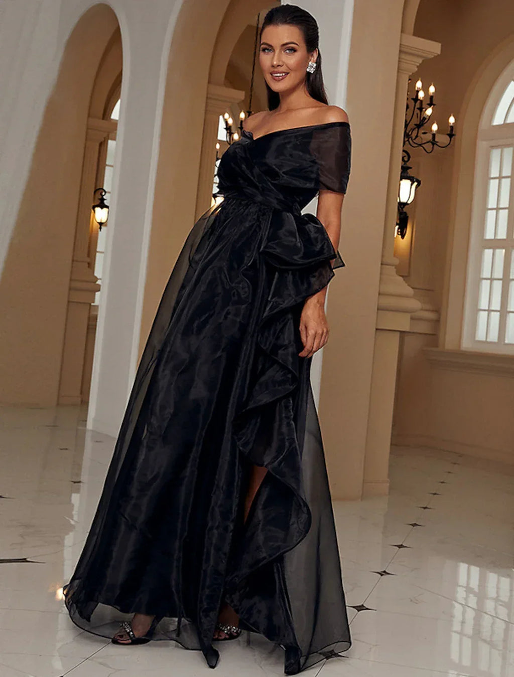 A-Line Off-Shoulder Polyester Short Sleeve High Slit Floor-Length Evening Gown - Chloe Dress