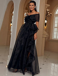 A-Line Off-Shoulder Polyester Short Sleeve High Slit Floor-Length Evening Gown - Chloe Dress