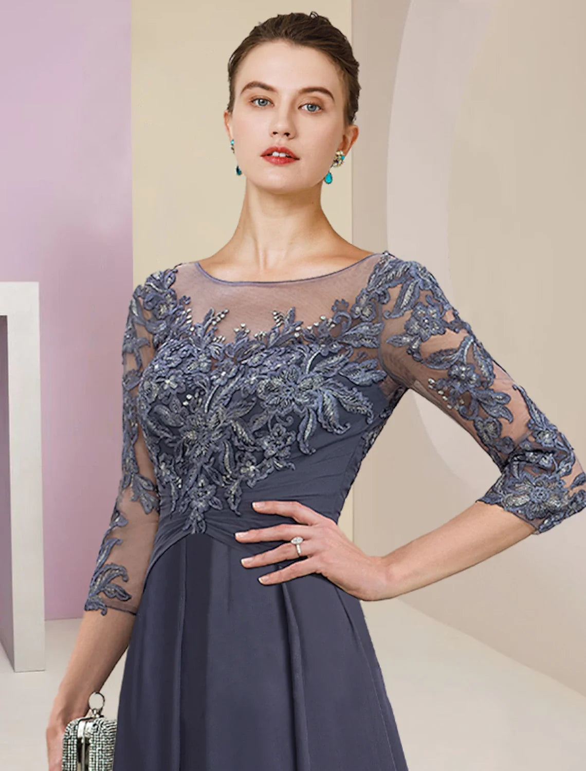 Sheath Chiffon Three-Quarter Sleeve Pleated Ankle-Length Wedding Dress - Chloe Dress