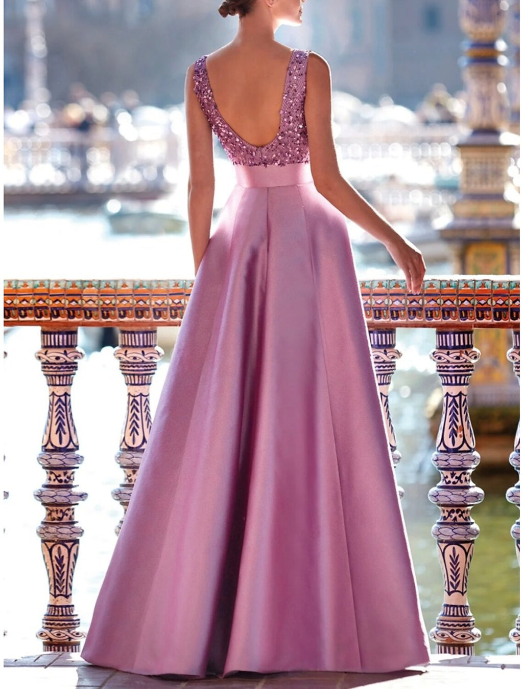 A-Line V-Neck Satin Sleeveless Pleated Floor-Length Evening Gown - Chloe Dress
