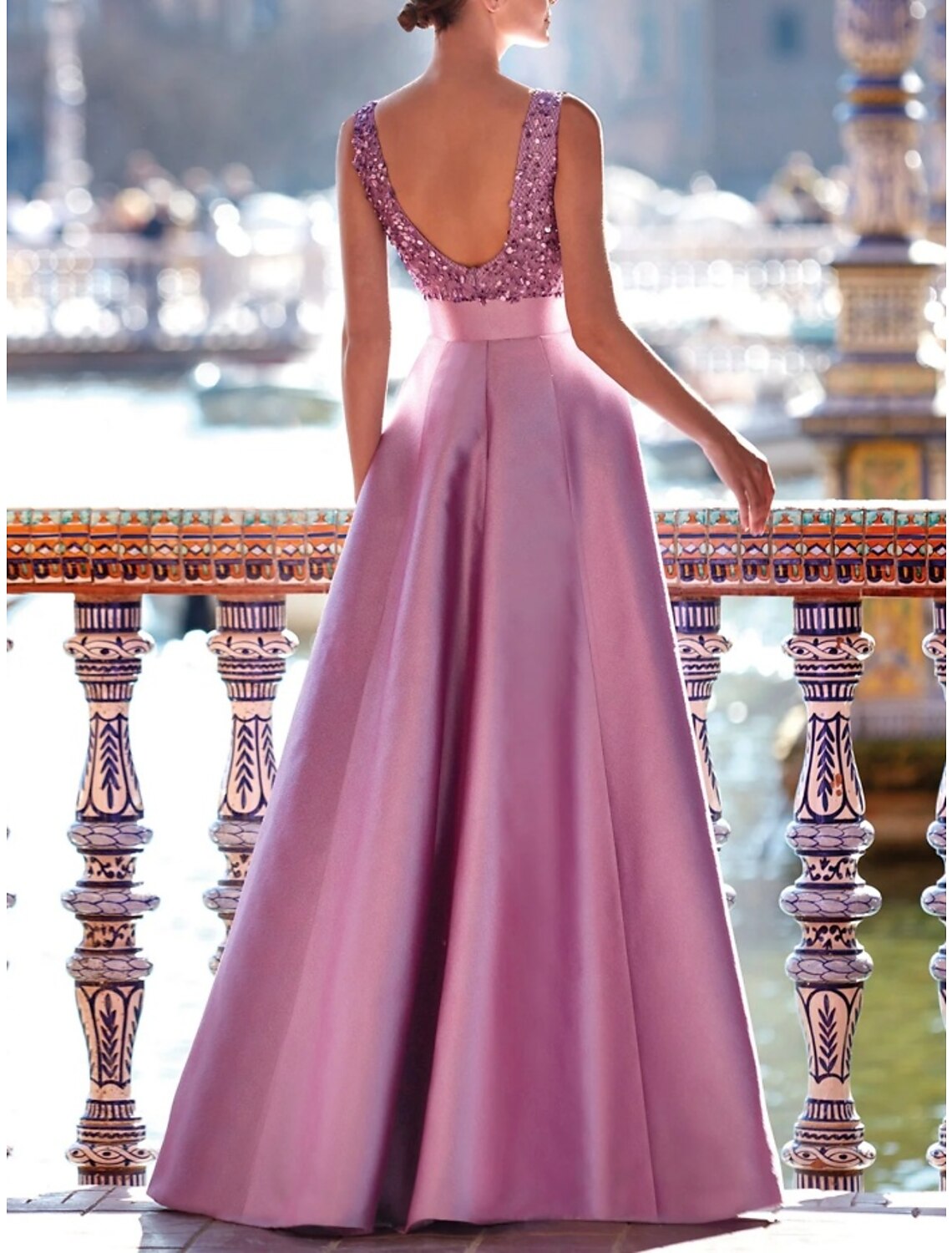 A-Line V-Neck Satin Sleeveless Pleated Floor-Length Evening Gown - Chloe Dress
