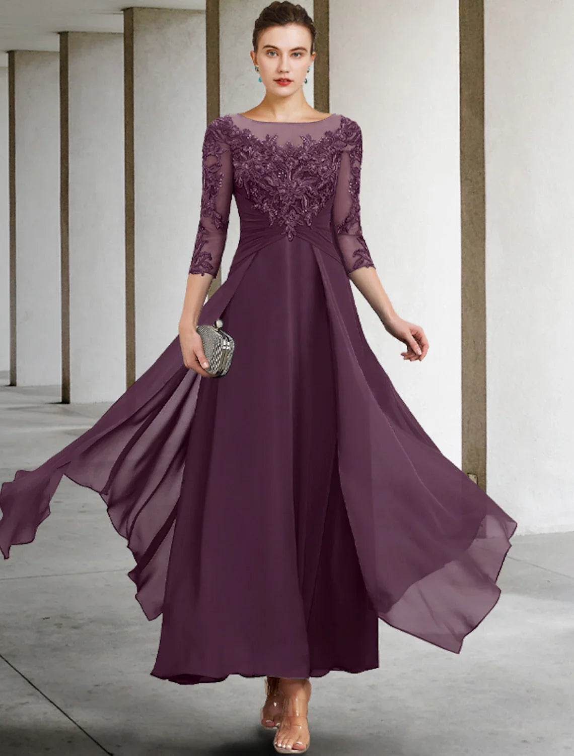 A-Line Chiffon Three-Quarter Sleeve Applique Ankle-Length Wedding Dress - Chloe Dress