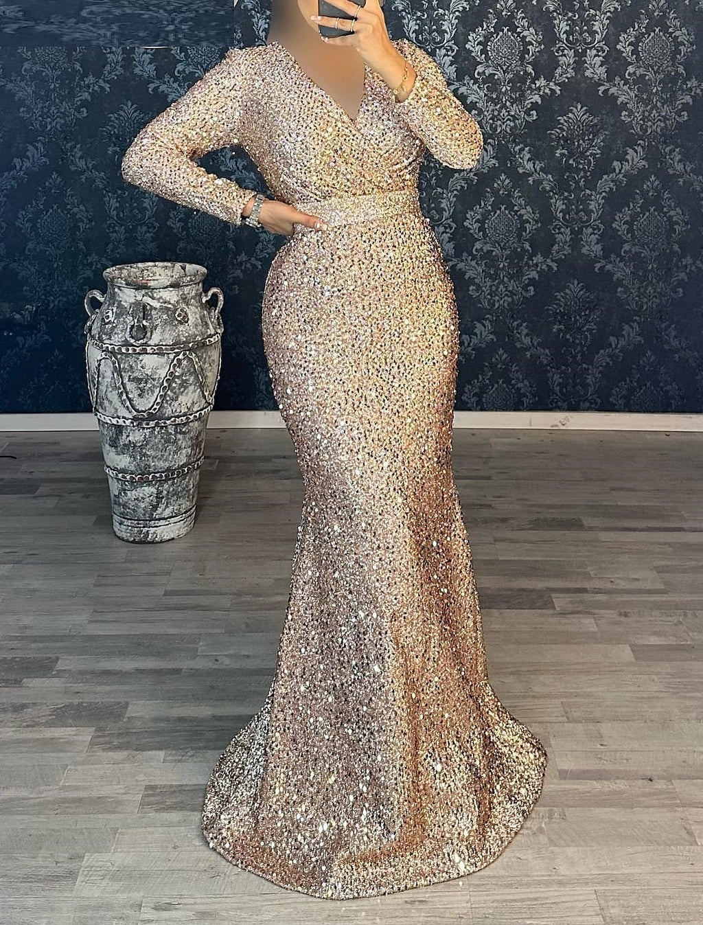 Black Mermaid V-Neck Sequin Long Sleeve Floor-Length Evening Gown - Chloe Dress