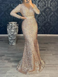 Black Mermaid V-Neck Sequin Long Sleeve Floor-Length Evening Gown - Chloe Dress