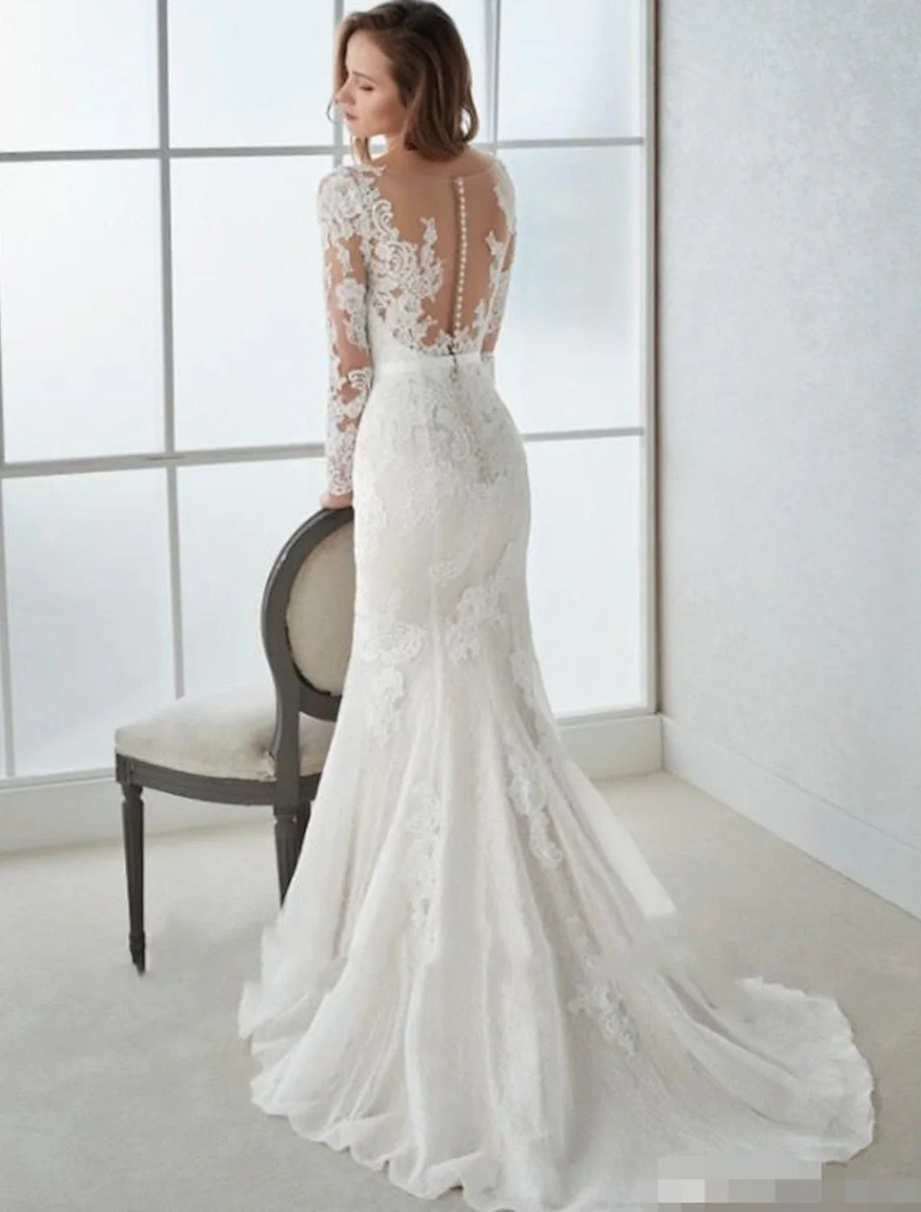 Mermaid V-Neck Lace Long Sleeve Open Back Train Wedding Gown - Chloe Dress