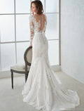 Mermaid V-Neck Lace Long Sleeve Open Back Train Wedding Gown - Chloe Dress