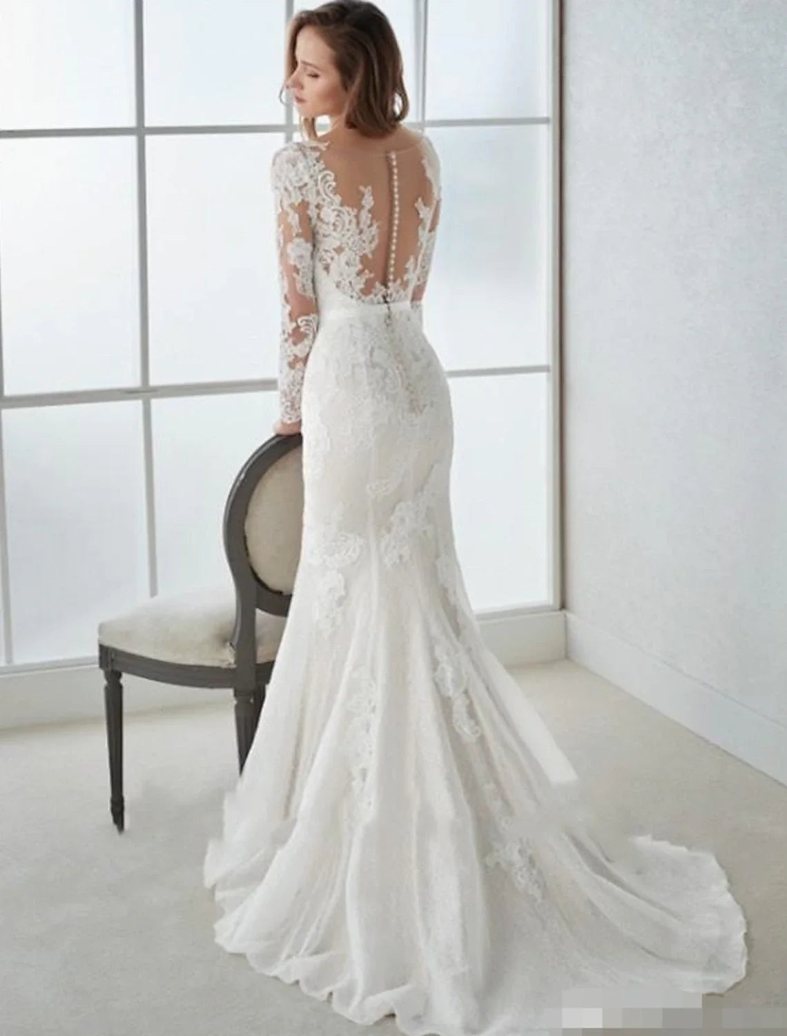 Mermaid V-Neck Lace Long Sleeve Open Back Train Wedding Gown - Chloe Dress
