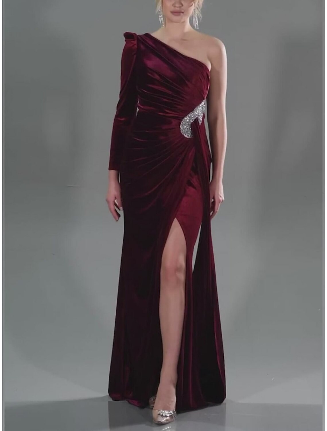 A-Line One-Shoulder Velvet Long Sleeve Pleated Evening Gown - Chloe Dress