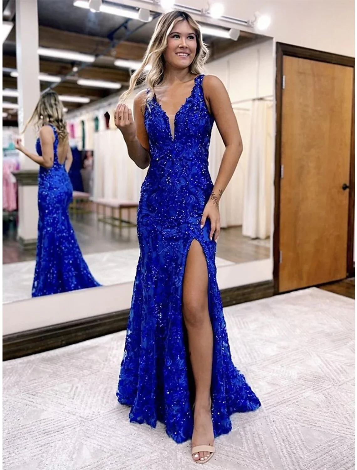 Mermaid V-Neck Sequin Sleeveless Backless Train Prom Dress - Chloe Dress