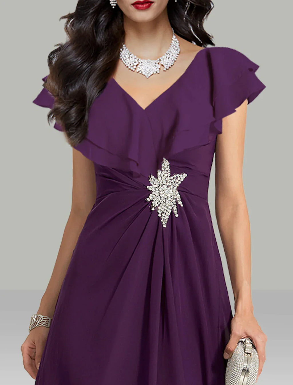 A-Line V-Neck Chiffon Short Sleeve Rhinestone Mini Wedding Dress - Chloe Dress