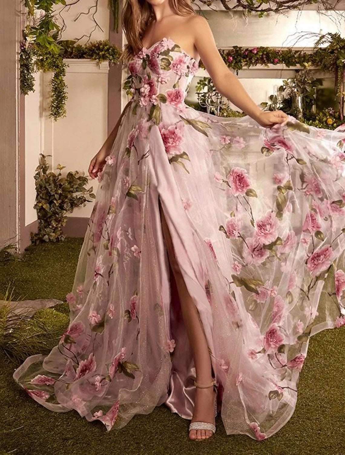 A-Line Strapless Organza Sleeveless High Slit Prom Dress - Chloe Dress