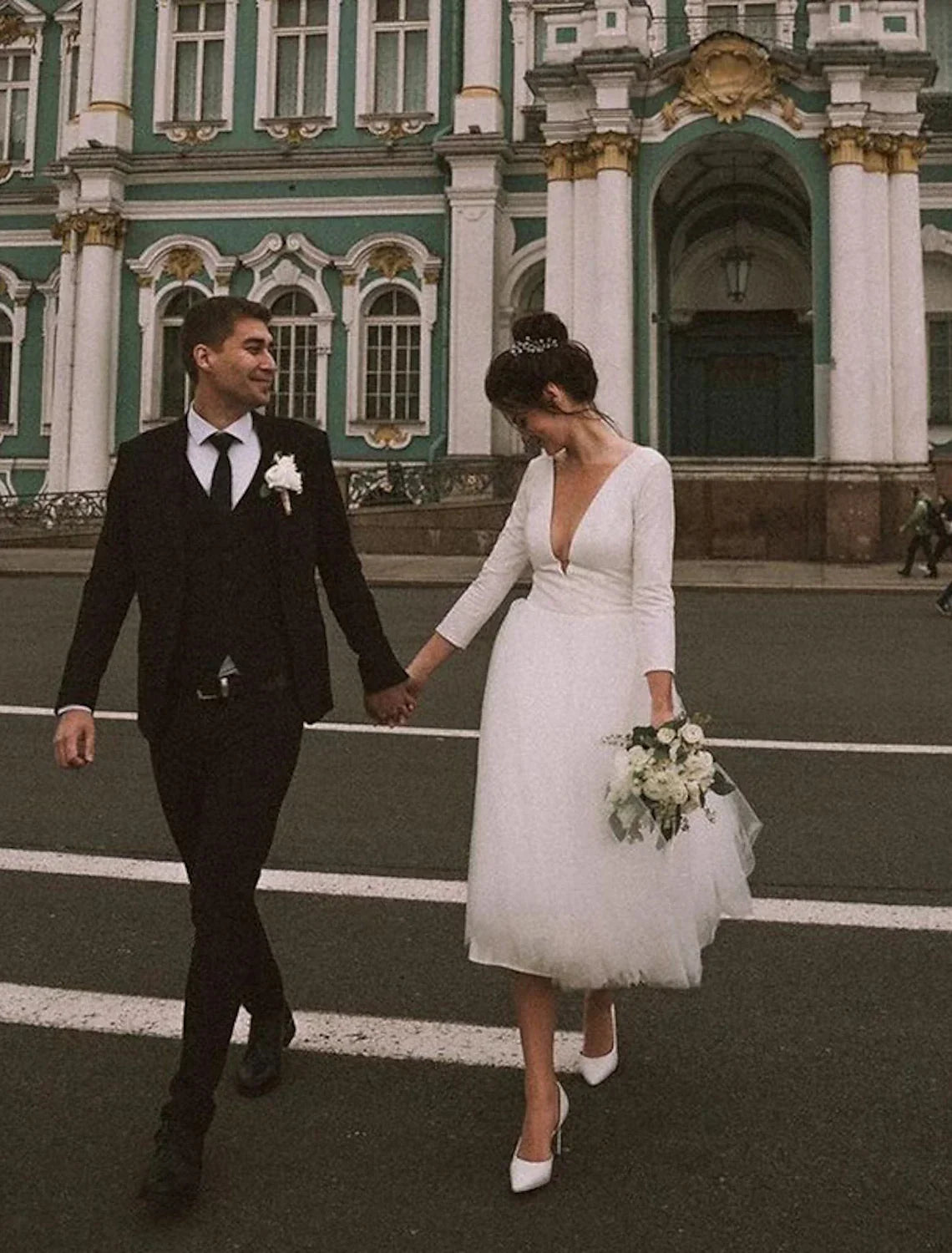 White A-Line V-Neck Satin Long Sleeve Tea-Length Wedding Gown - Chloe Dress
