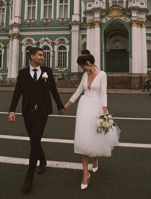White A-Line V-Neck Satin Long Sleeve Tea-Length Wedding Gown - Chloe Dress