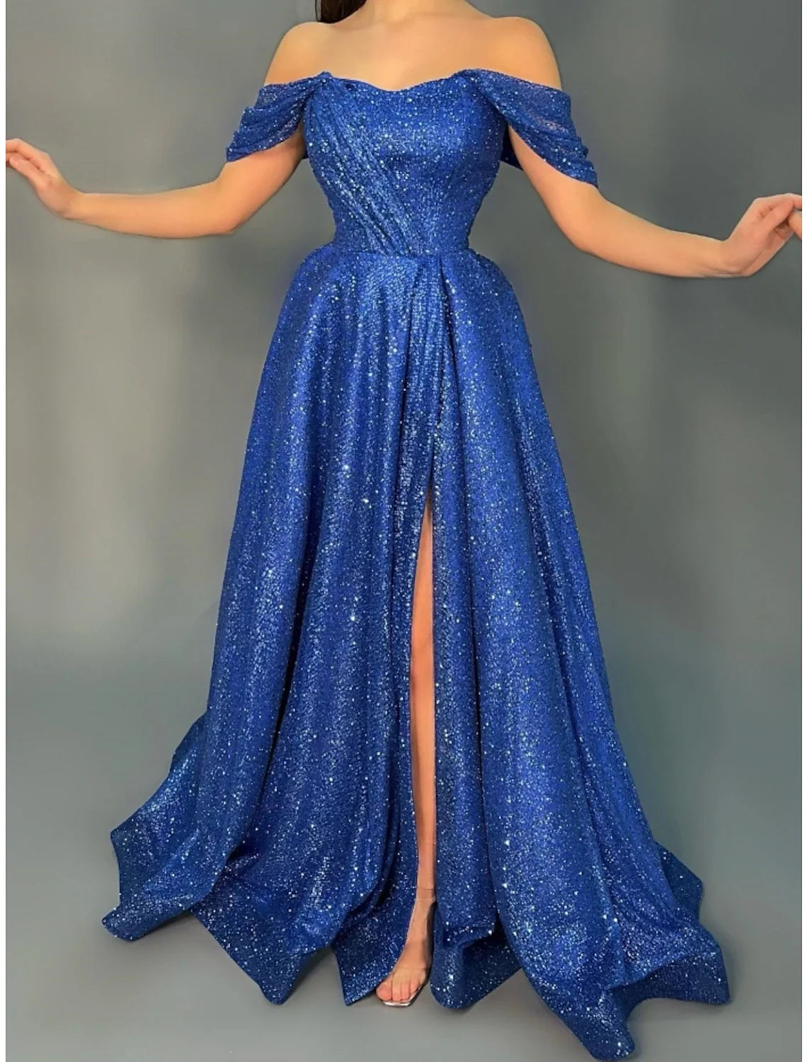 A-Line Off-Shoulder Short Sleeve High Slit Mini Evening Gown - Chloe Dress