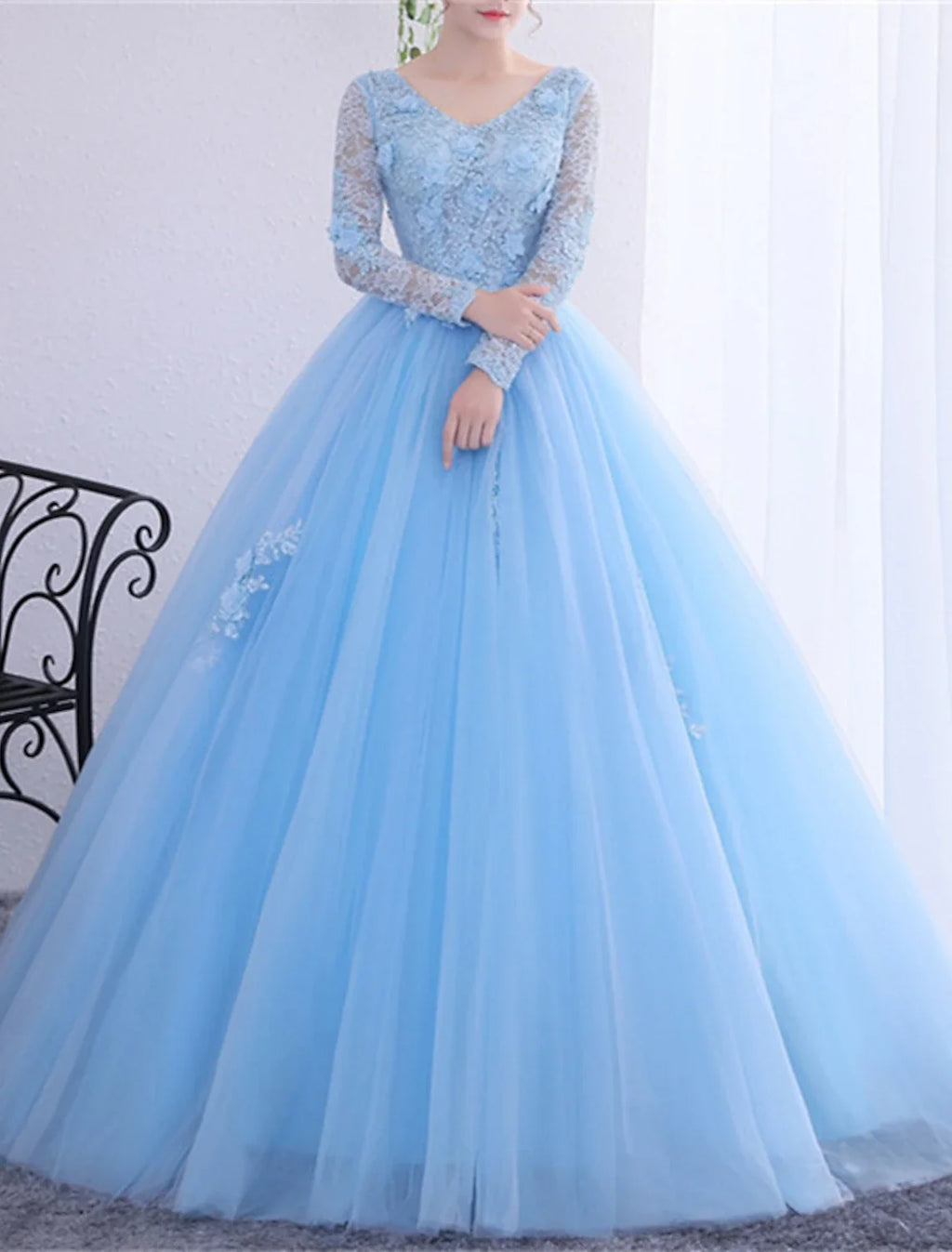 Ball Gown V-Neck Polyester Long Sleeve Applique Floor-Length Gown - Chloe Dress