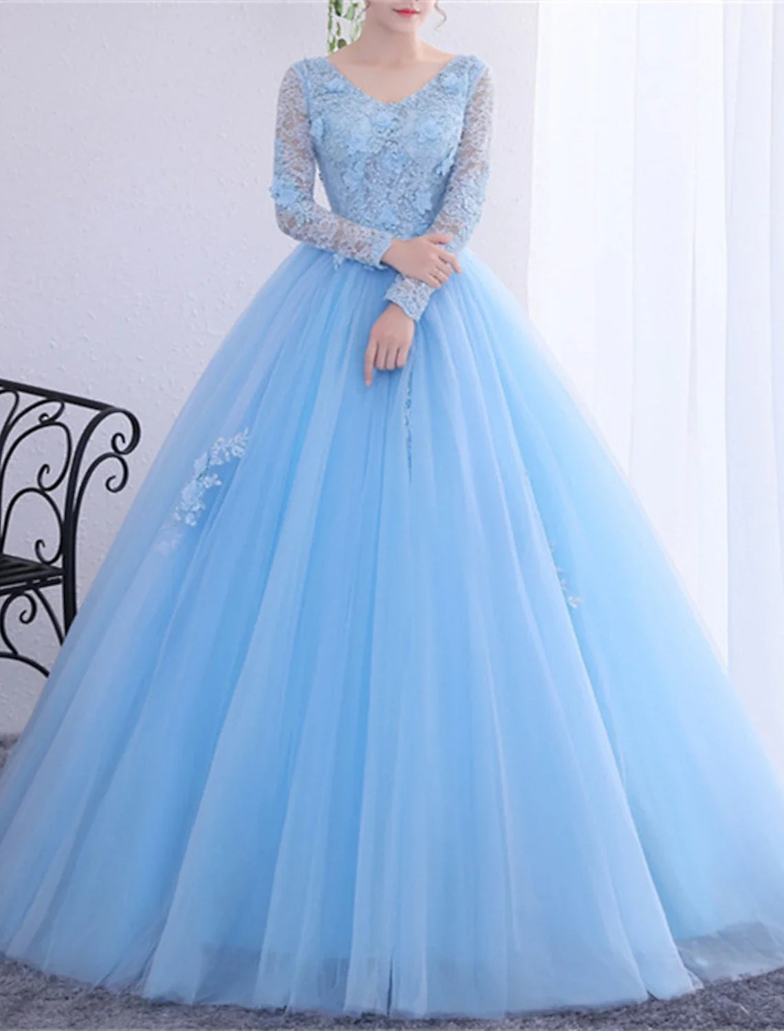 Ball Gown V-Neck Polyester Long Sleeve Applique Floor-Length Gown - Chloe Dress